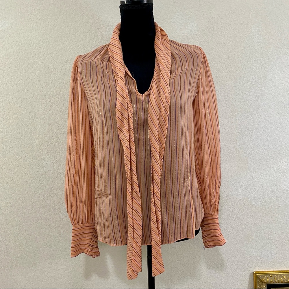 Rebecca Taylor Pink/Metallic Striped O Women's Blouse, Tie Front, Size 4